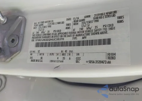 2017 Ford Escape Se from USA, damaged, VIN 1FMCU9GD2HUC35370